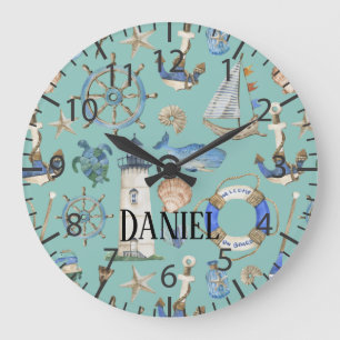 Nautical Coastal Sea Beach Aquamarin Boy Room Name Große Wanduhr