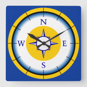 Nautical Compas Blue, White, Gold Wall Clock Quadratische Wanduhr