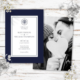 Nautical Compass Navy Blue and White Wedding Foto Einladung