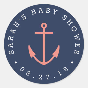 Nautical Coral and Navy Anchor Baby Shower Runder Aufkleber