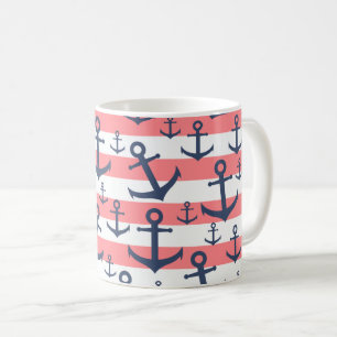 Nautical Coral Strip Marine blaues Ankermuster Kaffeetasse