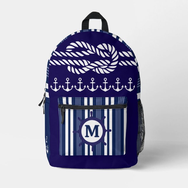 Nautical Cruise Ship Monogram Navy Blue Striping Bedruckter Rucksack (Vorderseite)
