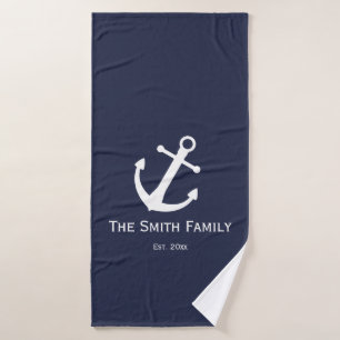 Nautical Dark Blue und White Name Anchor Badhandtuch Set