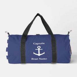 Nautical Dark Blue White Anchor Boat Name Captain Duffle Bag
