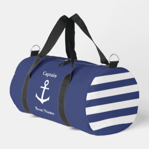 Nautical Dark Blue White Anchor Boat Name Captain Duffle Bag