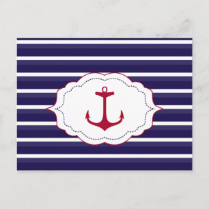 Nautical Dark Blue White Stripes Red Anchor Postkarte