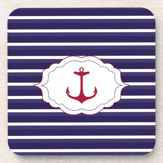 Nautical Dark Blue White Stripes Red Anchor Untersetzer (Vorderseite)