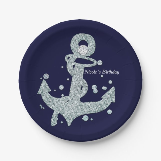 Nautical Diamond Anchor Bling Glam Beach Party Pappteller (Vorderseite)