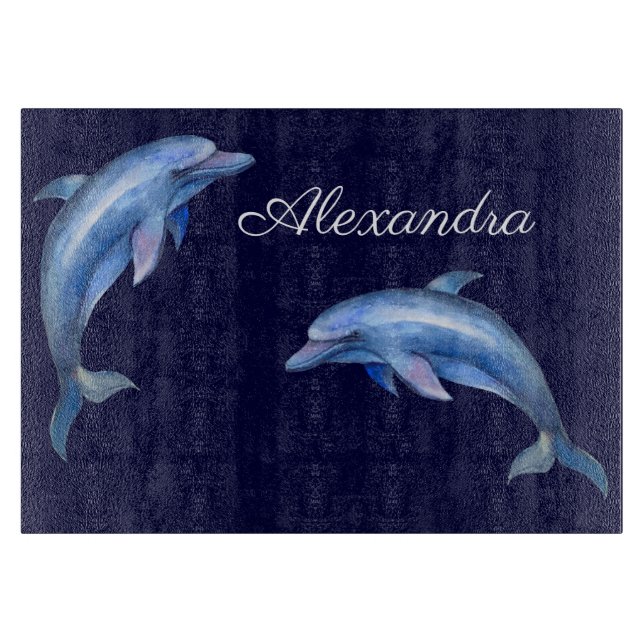 Nautical Dolphin Watercolor Navy Blue Coastal Schneidebrett (Vorderseite)