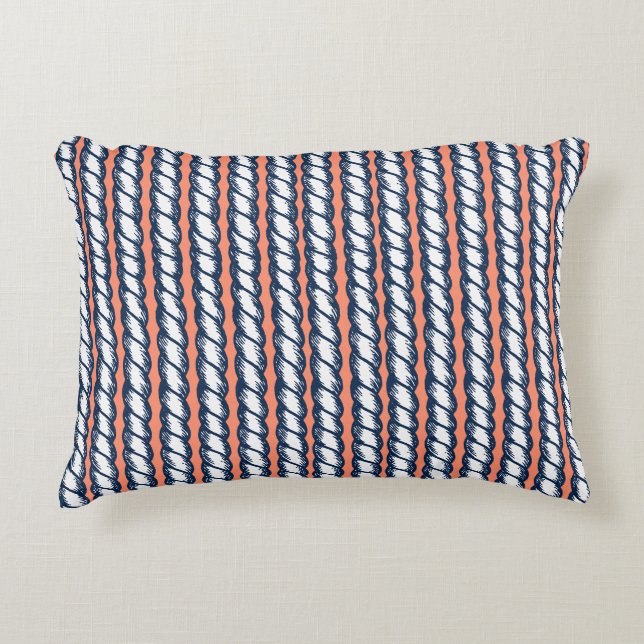 Nautical Doodles – Coral & Navy Rope Stripe Dekokissen (Vorderseite)