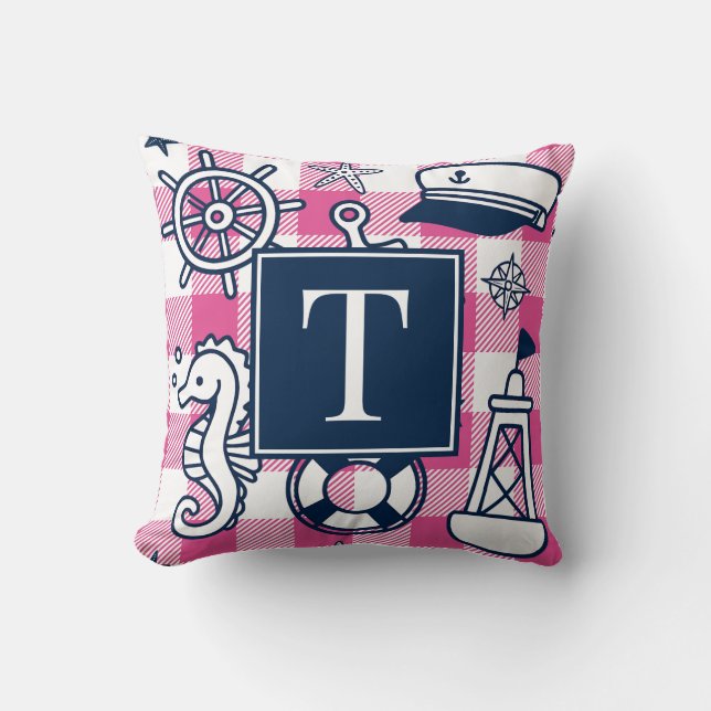 Nautical Doodles – Hot Pink Navy Gingham Monogram Kissen (Vorderseite)