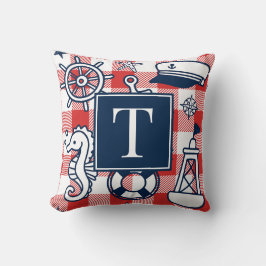Nautical Doodles – Red & Navy Gingham Monogram Kissen
