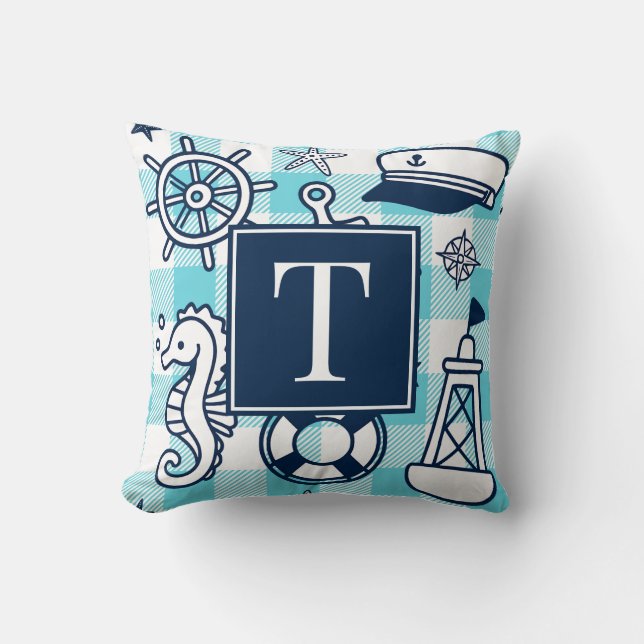 Nautical Doodles – Türkis-Navy-Gingham-Monogramm Kissen (Vorderseite)