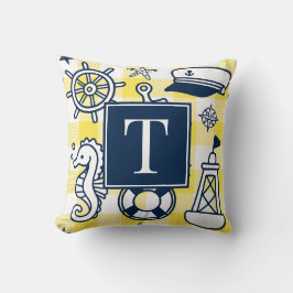 Nautical Doodles – Yellow & Navy Gingham Monogram Kissen