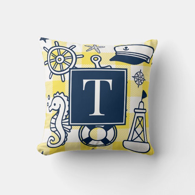 Nautical Doodles – Yellow & Navy Gingham Monogram Kissen (Vorderseite)