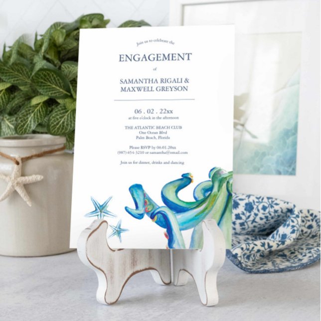 Nautical Engagement Party Invitations Blue Octopus Einladung (Unique watercolor engagement invitations feature sea creatures art by Victoria Grigaliunas)