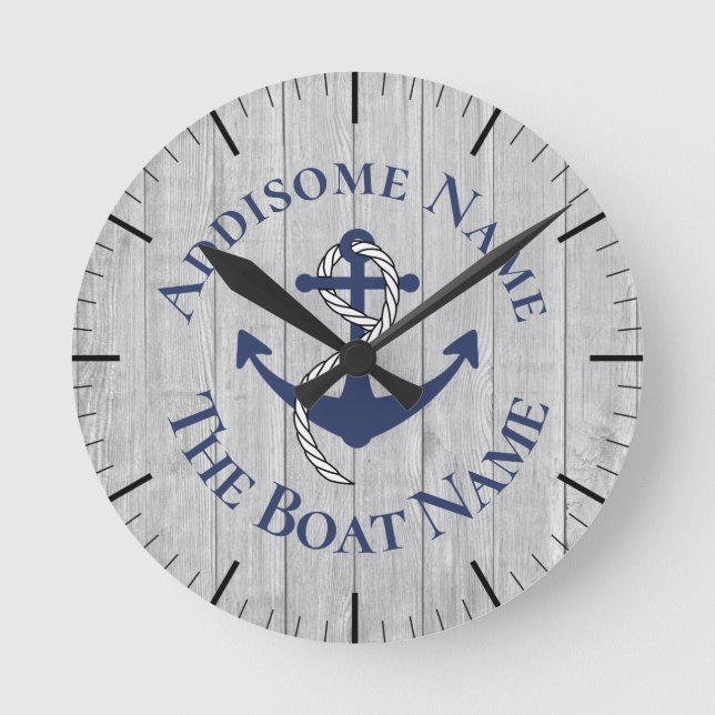 Nautical Family Boat Name Navy Anchor graues Holz  Runde Wanduhr (Vorderseite)