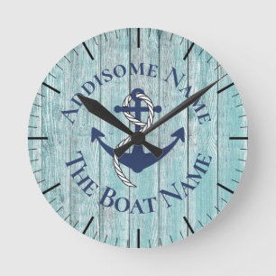 Nautical Family Boat Name Navy Anchor graues Holz Runde Wanduhr