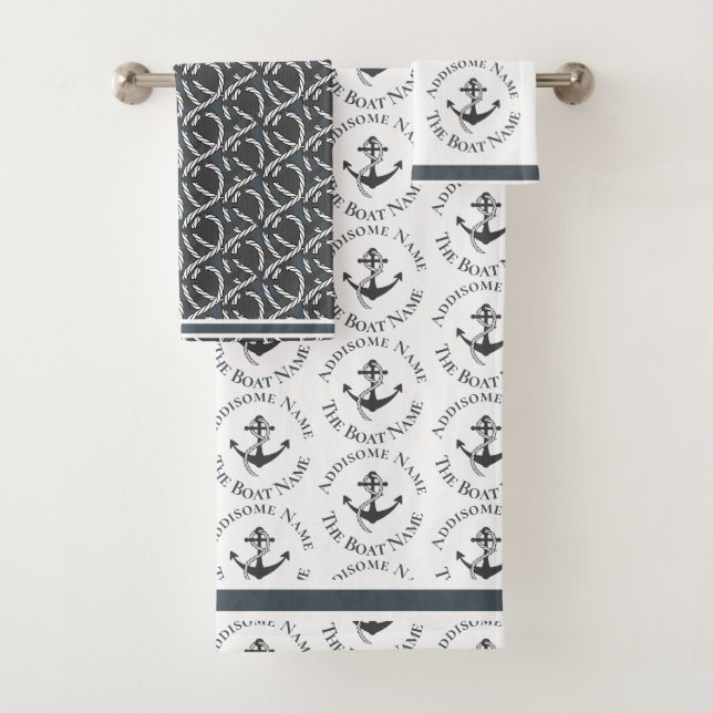 Nautical Family Boat Name Navy Anchor Schwarz Grau Badhandtuch Set (Insitu)