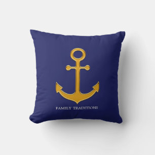 Nautical Family Gold Anker auf blau Kissen