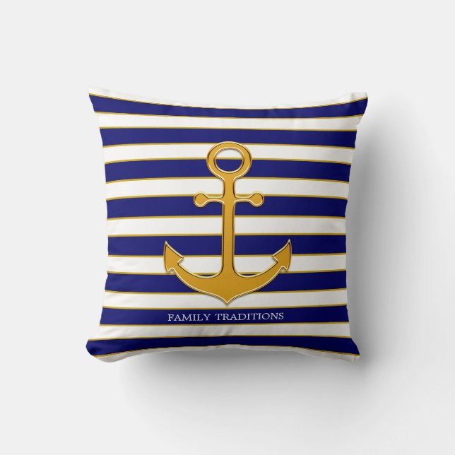 Nautical Family Gold Anker auf Navy Blue & White Kissen (Vorderseite)