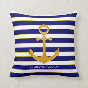 Nautical Family Gold Anker auf Navy Blue & White Kissen
