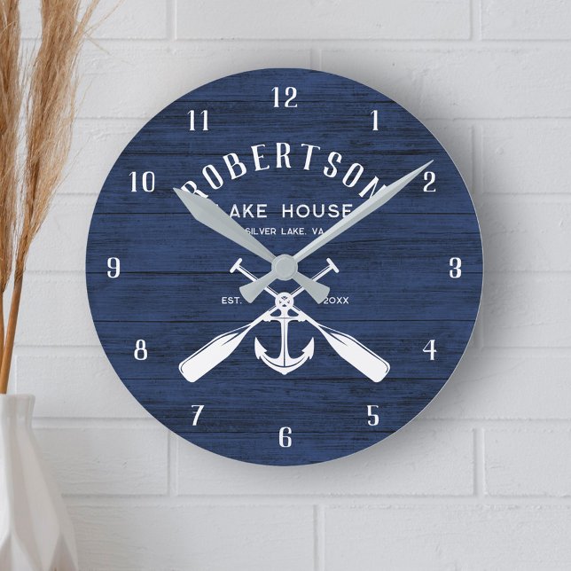 Nautical Family Lake House Anchor Navy Blue Wood Runde Wanduhr (Von Creator hochgeladen)