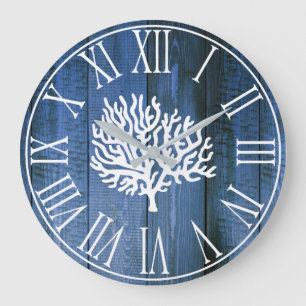 Nautical Faux Blue Wood & Sea Coral Silhouette Große Wanduhr