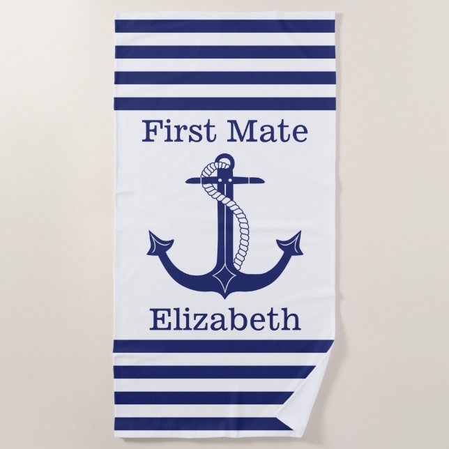 Nautical First Mate Blue Anchor Personalisiert Strandtuch (Vorderseite)