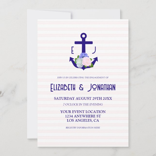 Nautical Floral Stripes Engagement Party Einladung (Vorderseite)