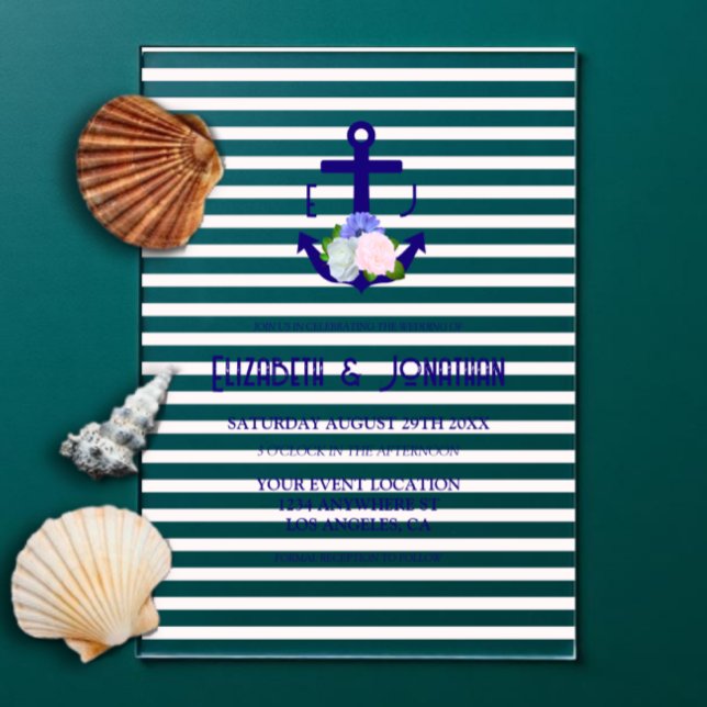 Nautical Floral Stripes Wedding Acryleinladungen (Von Creator hochgeladen)