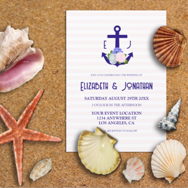 Nautical Floral Stripes Wedding Einladung (Von Creator hochgeladen)
