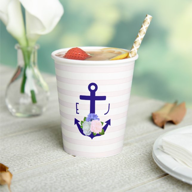Nautical Floral Stripes Wedding Pappbecher (In Situ)