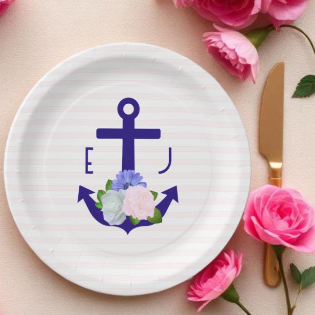 Nautical Floral Stripes Wedding Pappteller (Von Creator hochgeladen)