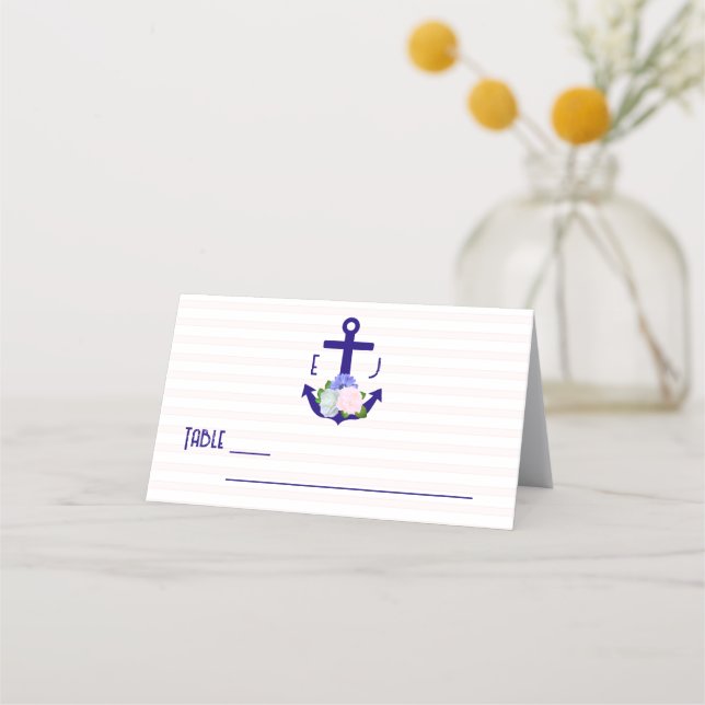 Nautical Floral Stripes Wedding Platzkarte (Vorderseite)