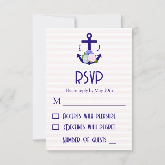 Nautical Floral Stripes Wedding RSVP Karte (Vorderseite)
