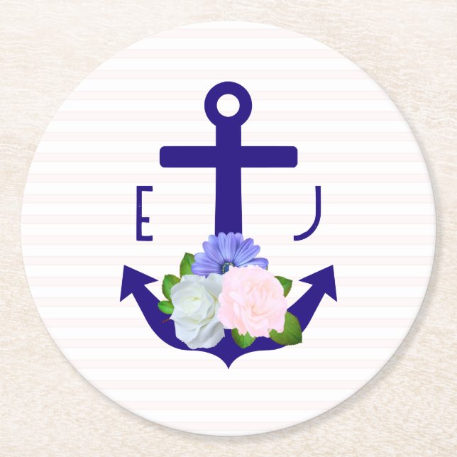 Nautical Floral Stripes Wedding Runder Pappuntersetzer (Vorderseite)