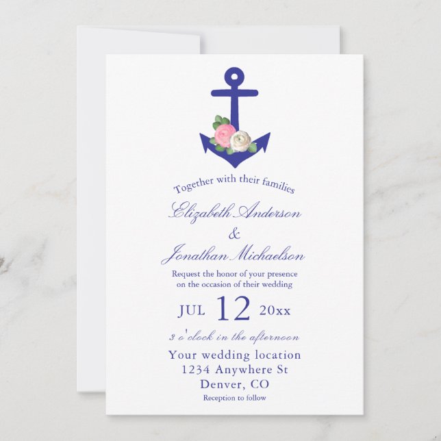 Nautical Floral Summer Wedding Einladung (Vorderseite)