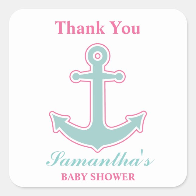Nautical Girl Anchor Kinderdusche Vielen Dank Quadratischer Aufkleber (Vorderseite)