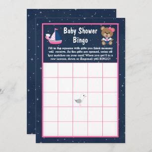 Nautical Girl Bear Pink und Navy Baby Bingo Einladung