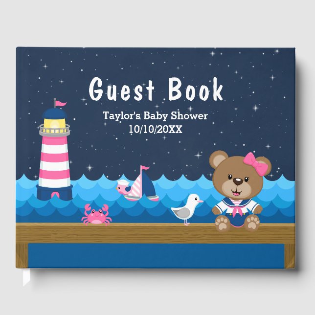 Nautical Girl Bear Pink und Navy Baby Dusche Gästebuch (Vorderseite)