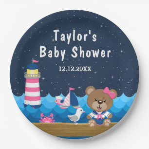 Nautical Girl Bear Pink und Navy Baby Dusche Pappteller