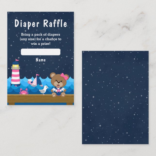 Nautical Girl Bear Pink und Navy Diaper Raffel Begleitkarte (Vorne/Hinten)