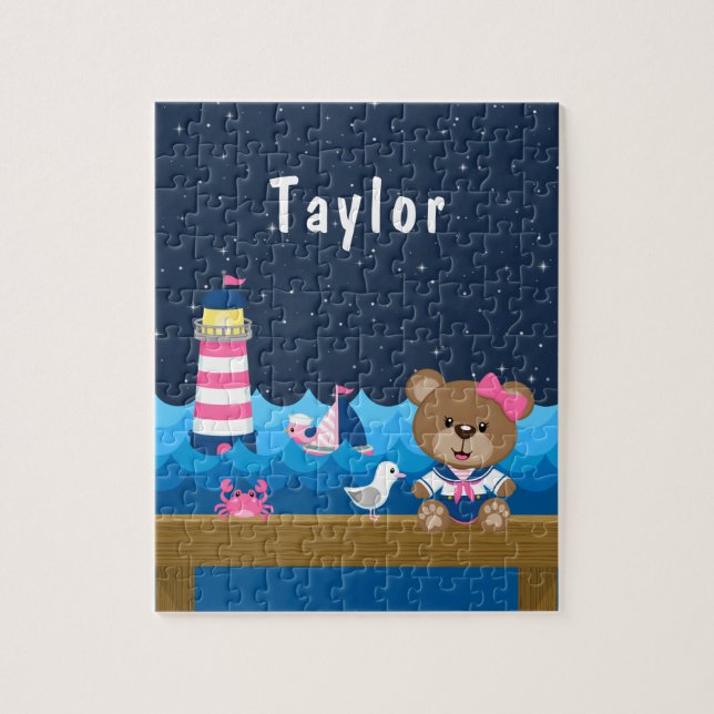 Nautical Girl Bear Pink und Navy Puzzle (Vertikal)