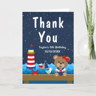 Nautical Girl Bear Red and Navy Birthday Party Dankeskarte