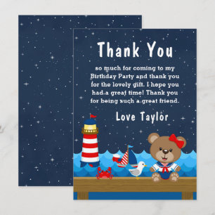 Nautical Girl Bear Red and Navy Birthday Party Dankeskarte