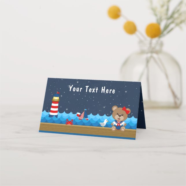 Nautical Girl Bear Red and Navy Birthday Party Platzkarte (Vorderseite)