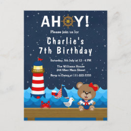 Nautical Girl Bear Red and Navy Birthday Party Postkarte