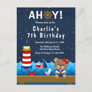 Nautical Girl Bear Red and Navy Birthday Party Postkarte