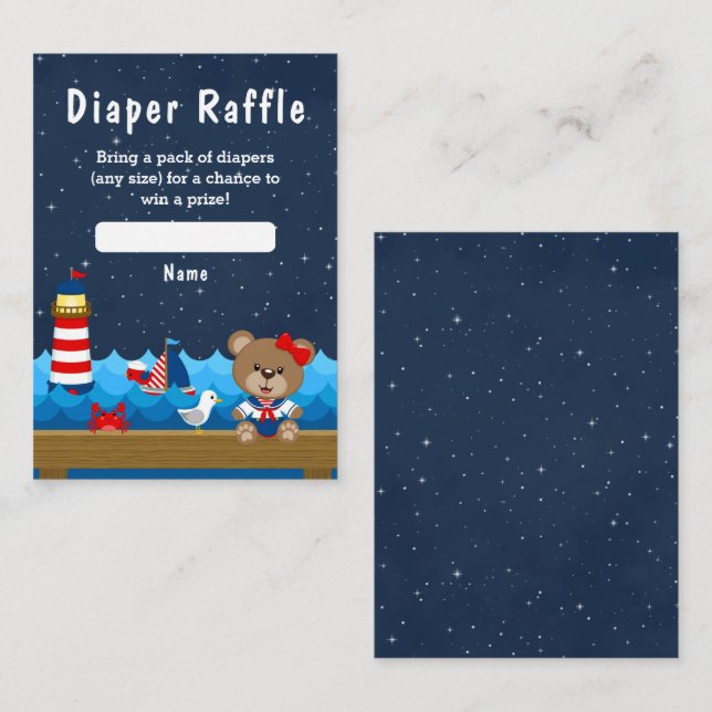 Nautical Girl Bear Red and Navy Diaper Raffel Begleitkarte (Vorne/Hinten)